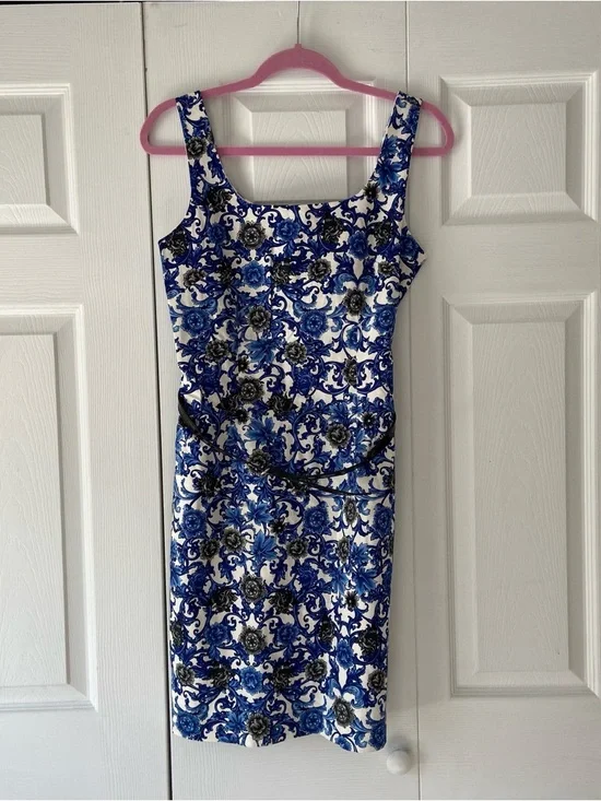 Premise Blue White Floral Damask Sheath Dress Size 4 NWT Belted Boho Career - Picture 2 of 8